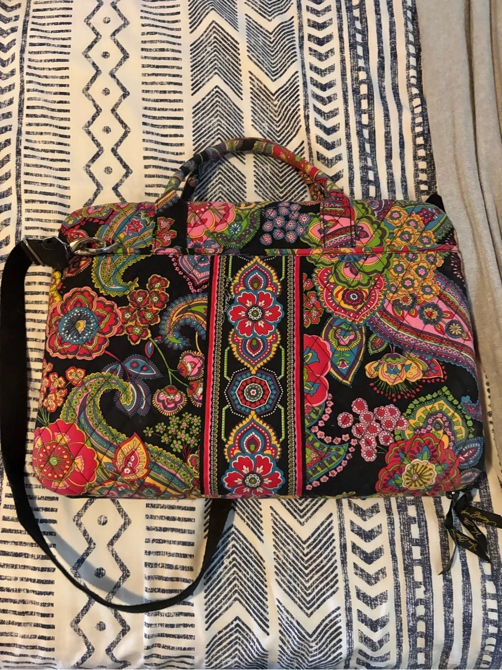 Vera Bradley Black Quilted Laptop Tote with Multicolor Paisley